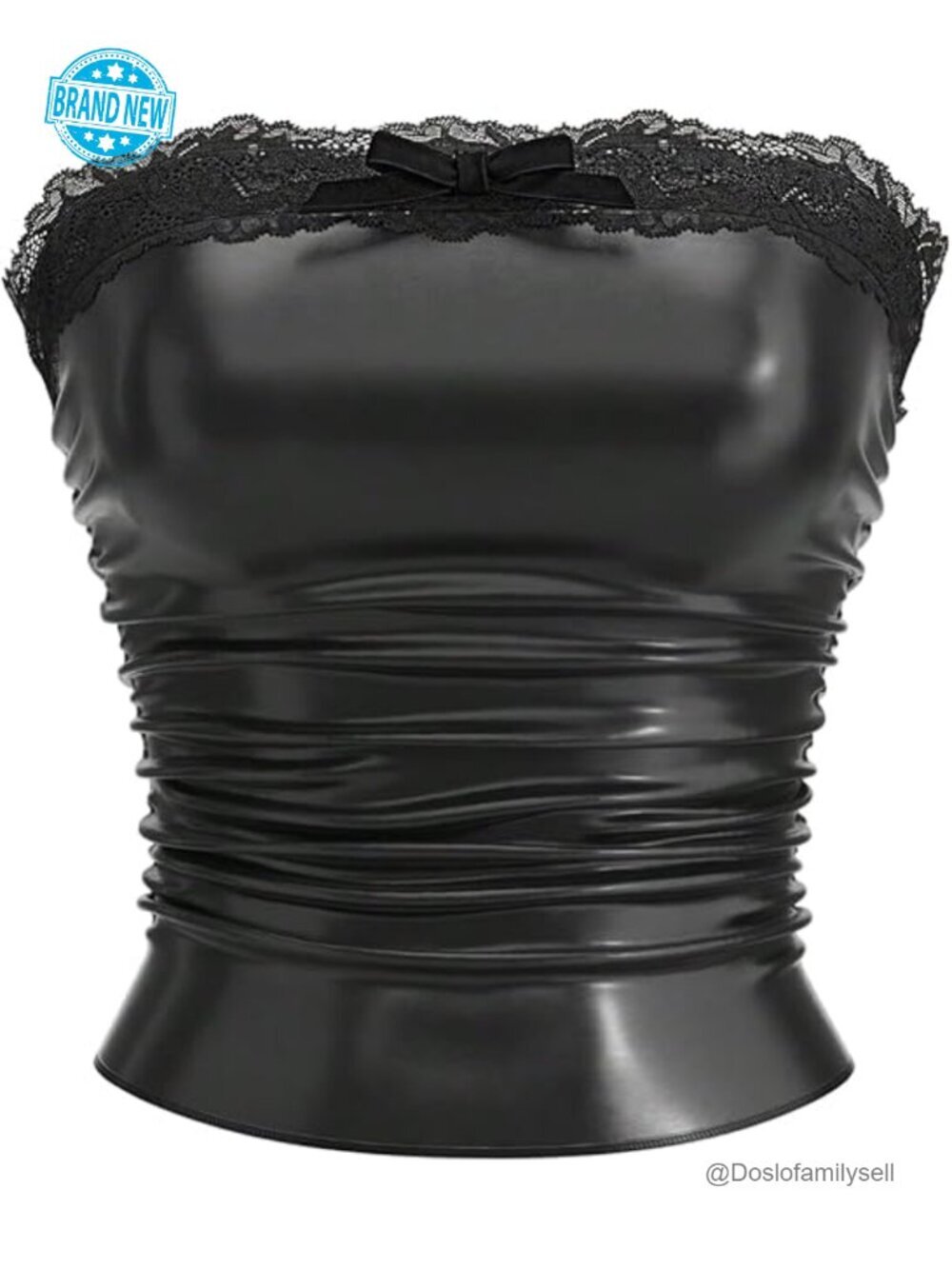 PU Leather Strapless Bandeau Crop Top Lace Trim Ruched Sleeveless